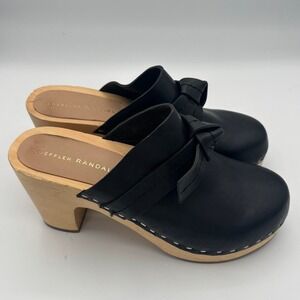 Loeffler Randall Clog Women Sz 6 Black Leather Bow Knot Wood Heel Mules